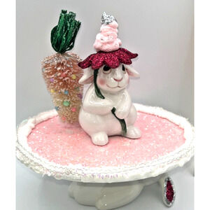 Vintage Ceramic Bunny Sitting on Cake Stand Bottle Brush Carrott Tree Flower Hat